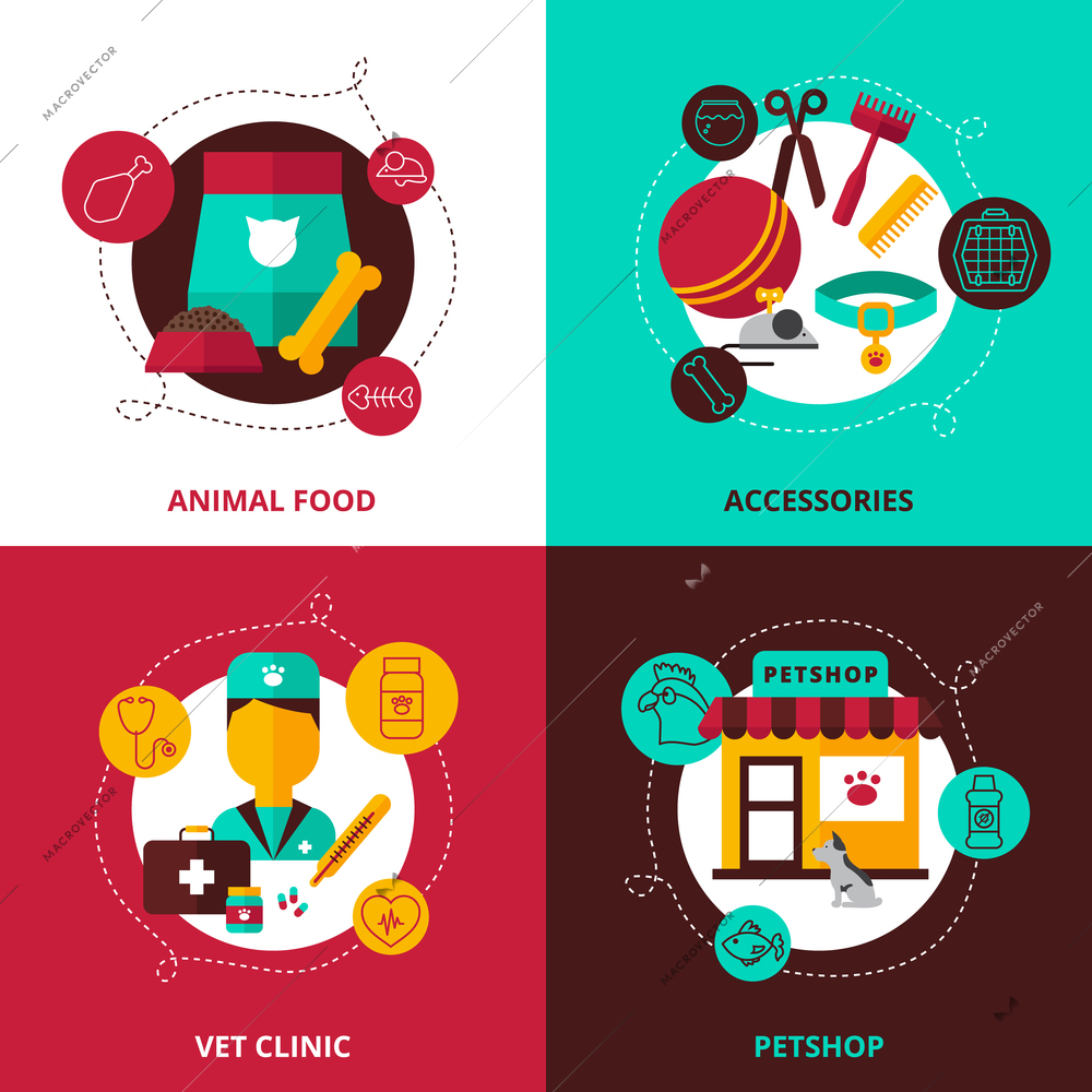 Veterinary 2x2 design concept set of  feed and accessories for animals vet clinic and pet shop compositions flat vector illustration