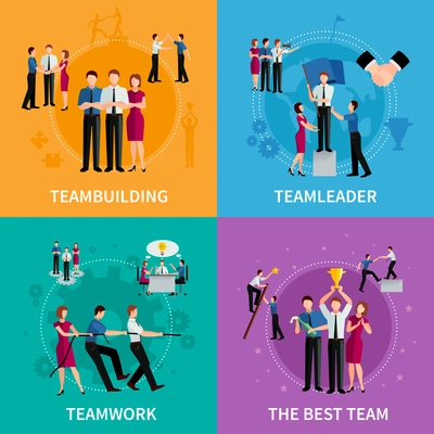 Teamwork 2x2 design concept set of corporate business compositions with men and women flat vector illustration