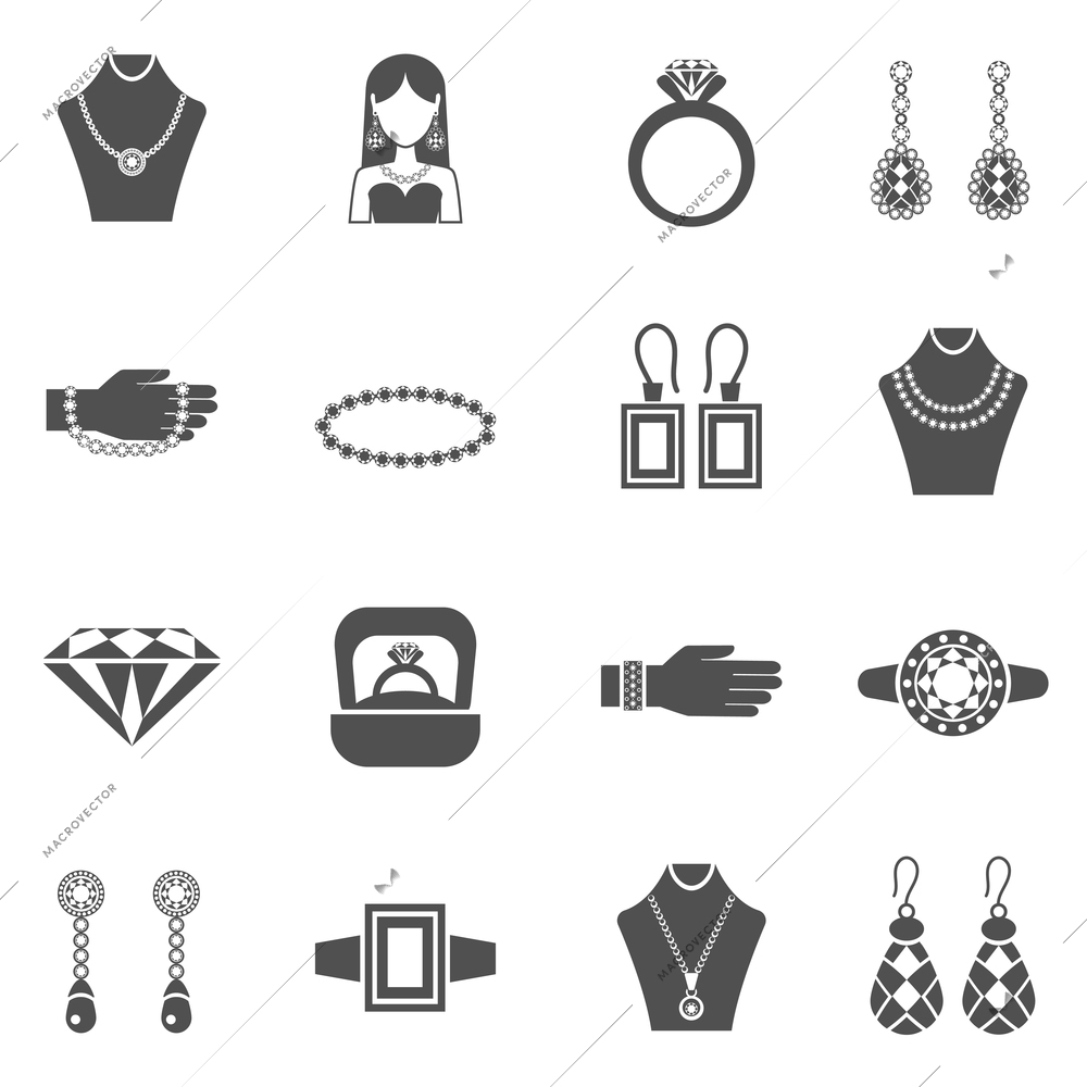 Jewelry black white icons set with pendants and necklaces flat isolated vector illustration