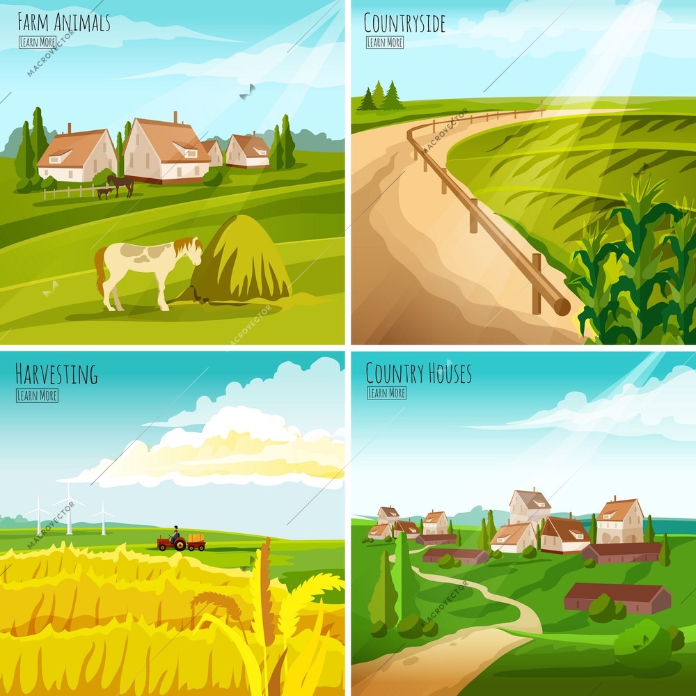 Countryside 4 flat pictograms composition for interactive webpage with crops harvesting and farmhouses set abstract isolated vector illustration