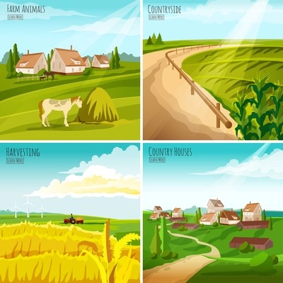 Countryside 4 flat pictograms composition for interactive webpage with crops harvesting and farmhouses set abstract isolated vector illustration