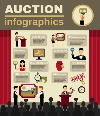 Auction infographic set with bidding and money symbols flat vector illustration