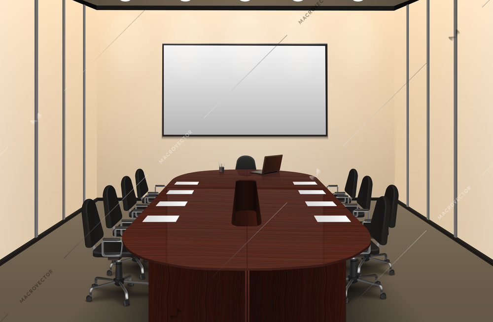 Conference room interior with big table and screen realistic vector illustration