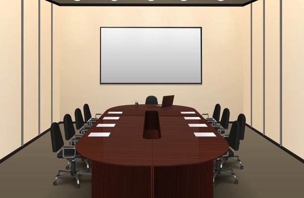 Conference room interior with big table and screen realistic vector illustration