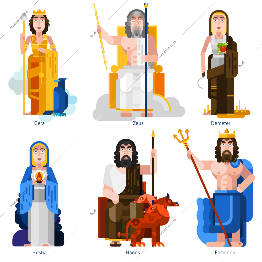 Color olympic gods icons set in cartoon style on white background with gera zeus demeter hestia hades poseidon persons flat isolated vector illustration