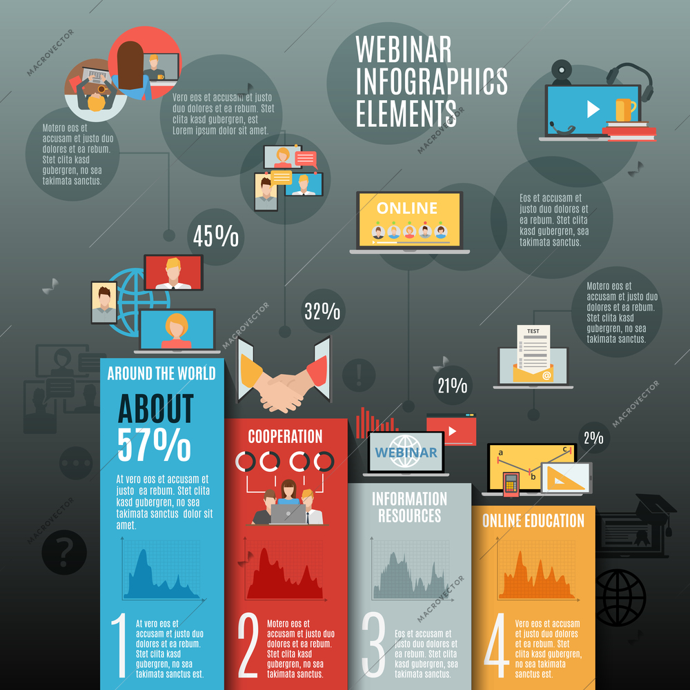 Webinar infographic flat layout with web conferencing decorative icons and information resources statistics vector illustration