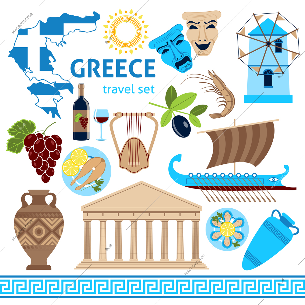 Travel agency greece cultural tours poster with national historical symbols flag and country map flat vector illustration