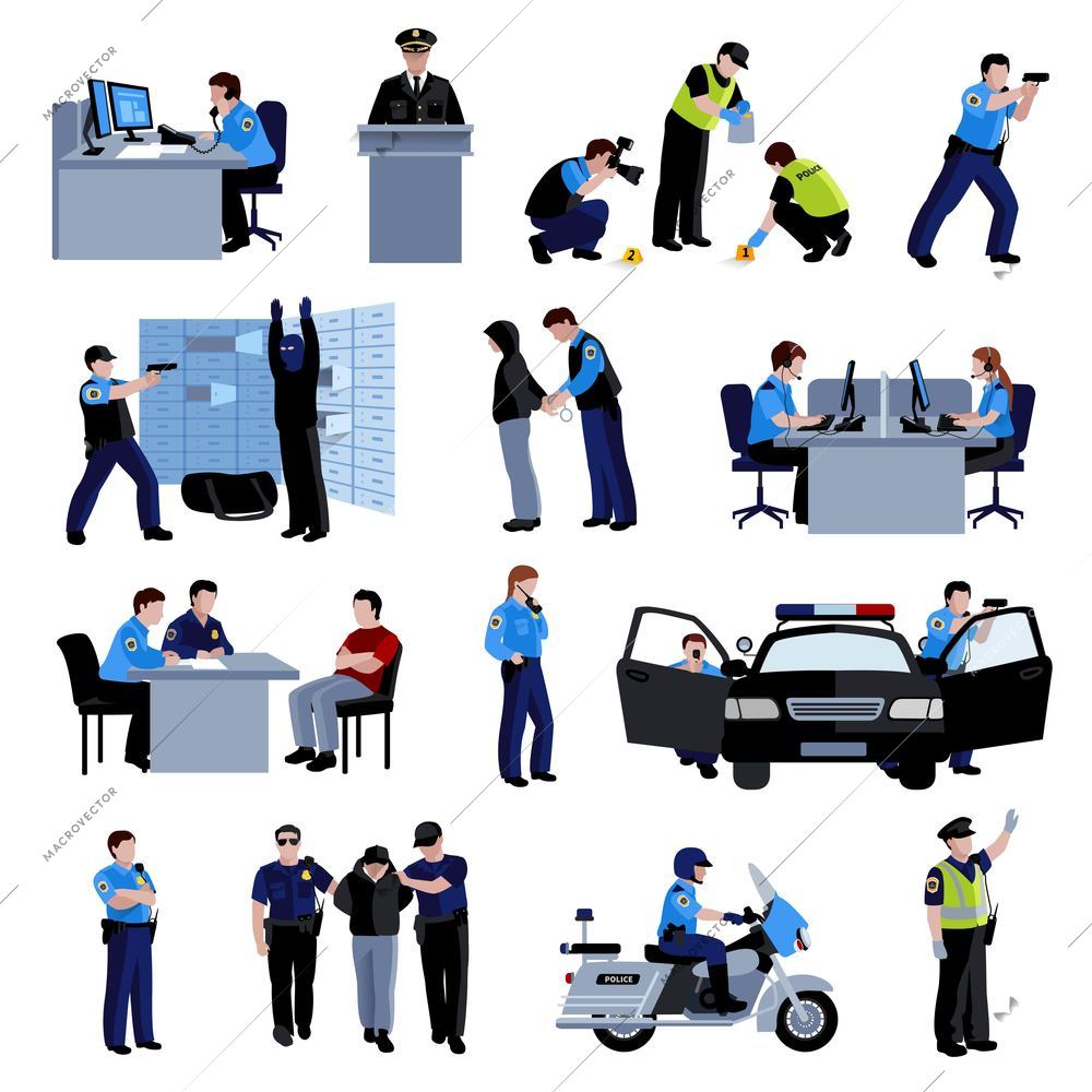 Policeman people at office and outside with police car and situation arrest of offender and interrogation flat color icons set isolated vector illustration
