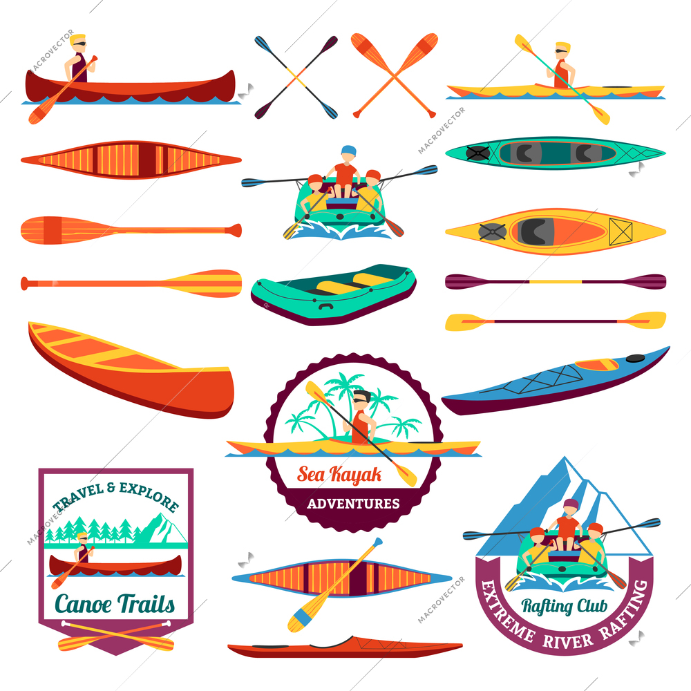 Canoe trails and rafting club emblem with kayaking equipment elements flat icons composition abstract isolated vector illustration