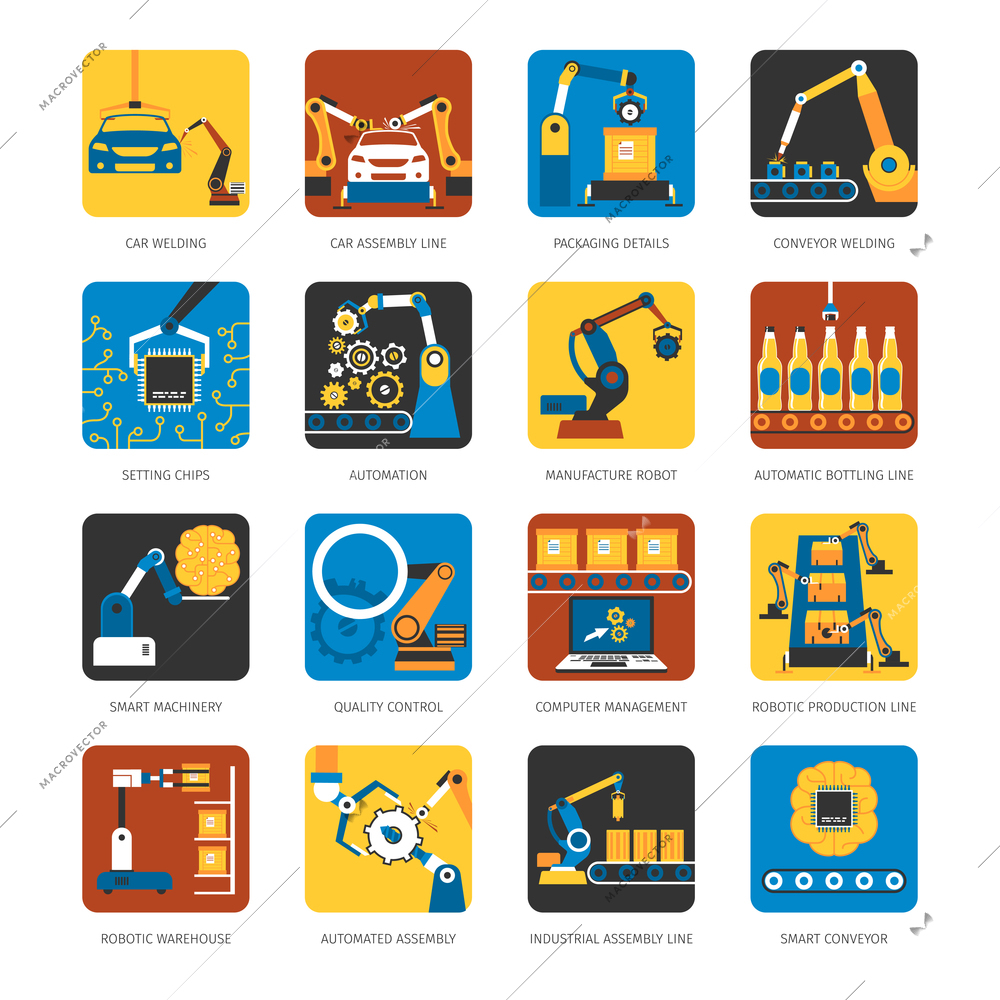 Industrial automated assembly line flat icons set with computer controlled manufacturing machinery robots abstract isolated vector illustration