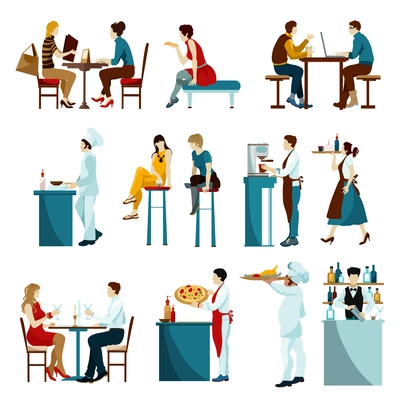 Cafe restaurant daytime visitors flat icons set with waiters serving dishes and drinks abstract isolated vector illustration
