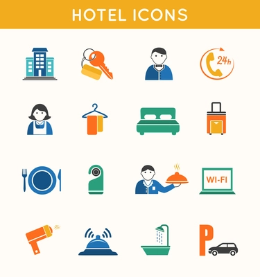 Hotel travel accommodation flat icons set of bath shower key card and luggage isolated vector illustration