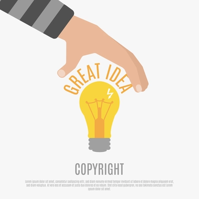 Copyright compliance design concept with  bright light bulb human hand and great idea text vector illustration