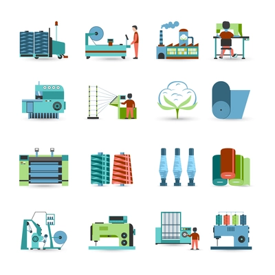 Textile manufacturing process flat icons collection with weaving yarn  machinery equipment and clothes fabrication abstract isolated vector illustration