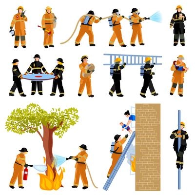 Decorative flat color icons set of firefighter people extinguishing fire with firehose and saving children vector illustration