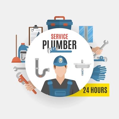 Plumber service design concept set of tools for repairing pipeline and cleaning clogged sink flat vector illustration