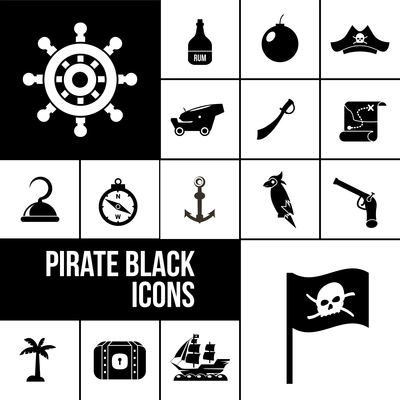 Pirate icons black set with rum bottle bomb saber isolated vector illustration