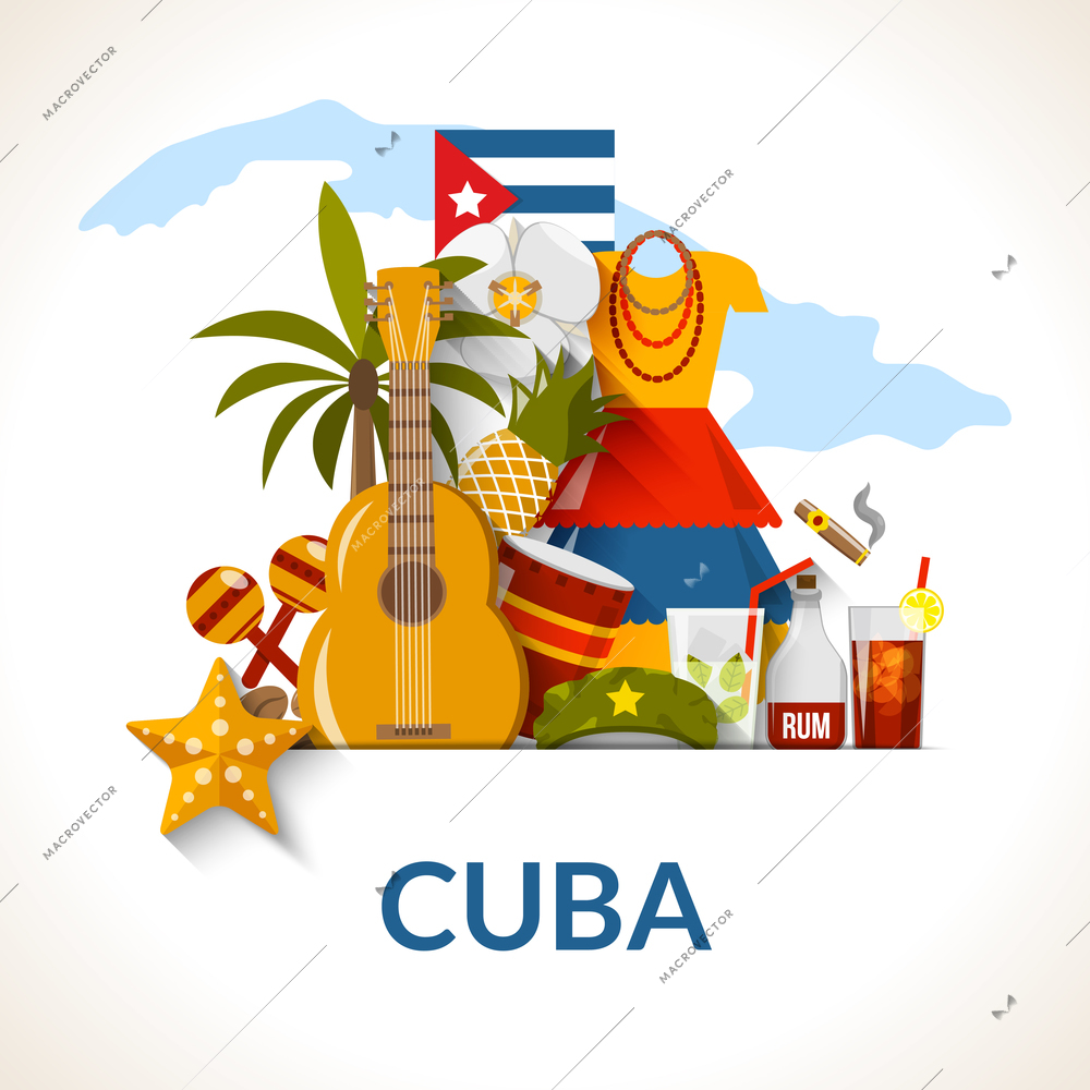 Cuban national symbols composition poster with flag guitar rum cocktail and royal palm flat abstract vector illustration