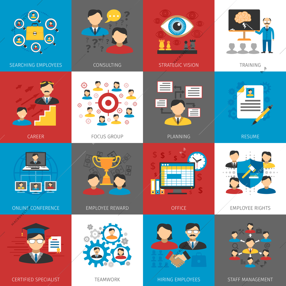 Human resources staff management focus group and consulting concept flat pictograms collection abstract isolated vector illustration