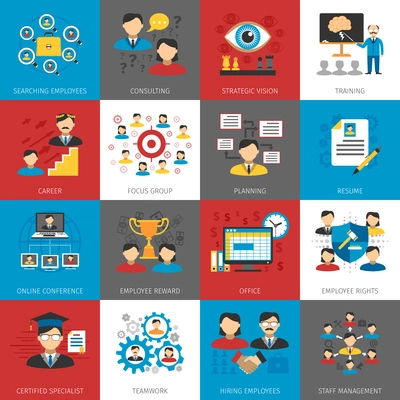 Human resources staff management focus group and consulting concept flat pictograms collection abstract isolated vector illustration