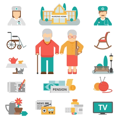 Senior lifestyle flat color icons set with elderly family couple nursing home and items for leisure activities isolated vector illustration