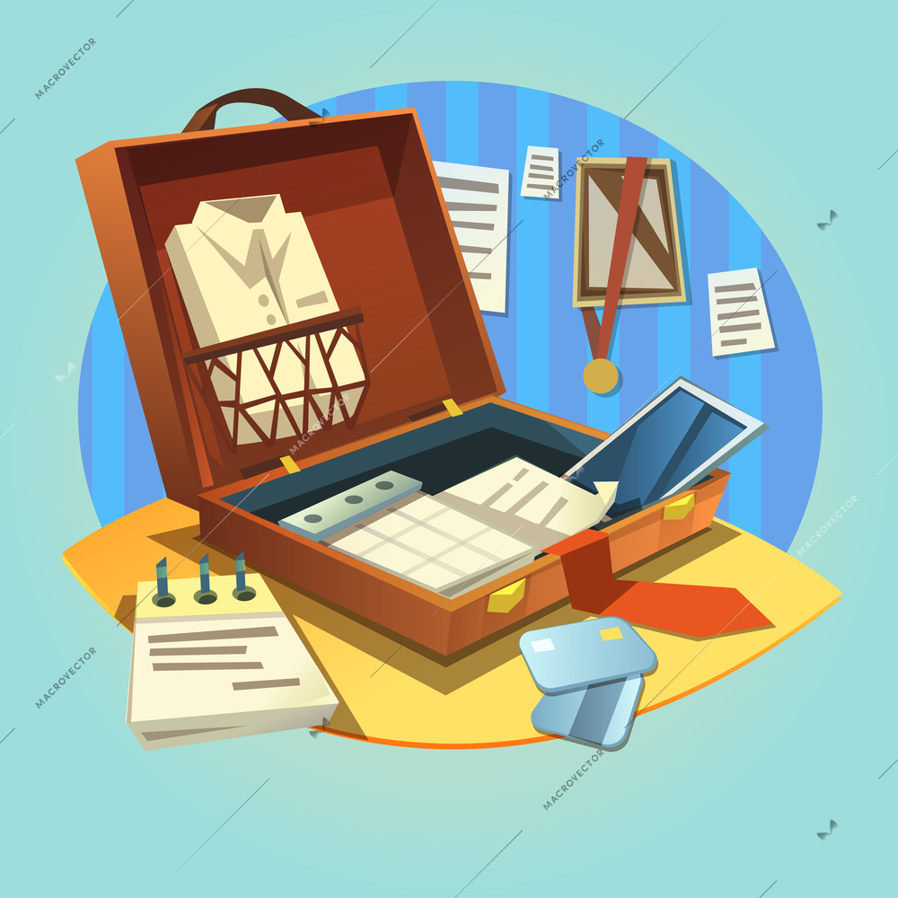 Open business briefcase with retro cartoon businessman suit and working items vector illustration