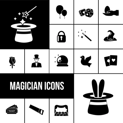 Magician icons black set with rabbit in hat magic wand and playing cards isolated vector illustration