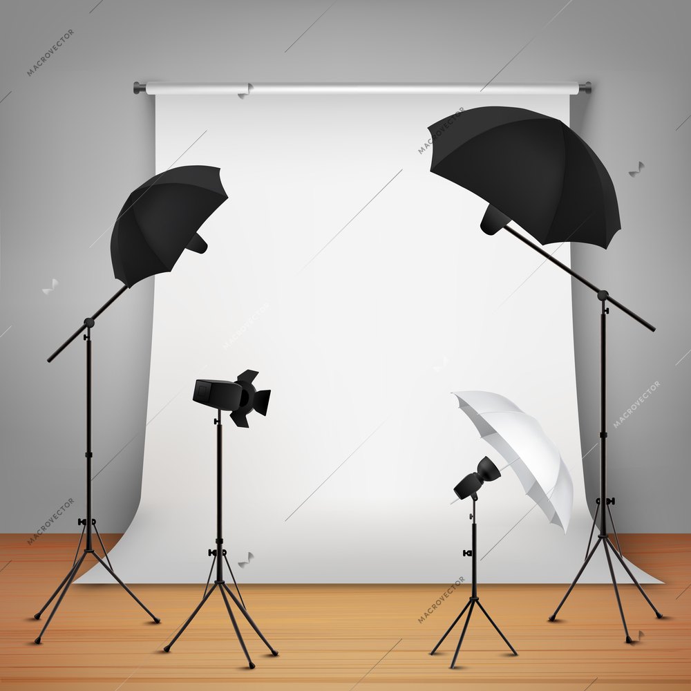 Photo studio design concept set with lamps and camera on tripods  vector illustration