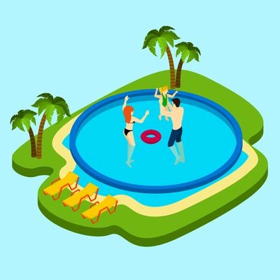 Round swimming pool with parents and daughter on blue background  isometric vector illustration