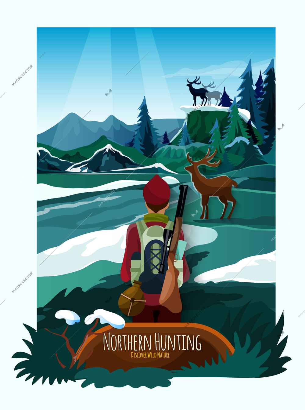 Alpine meadow landscape poster with hunter and deer on the rocks with icy mountains background vector illustration