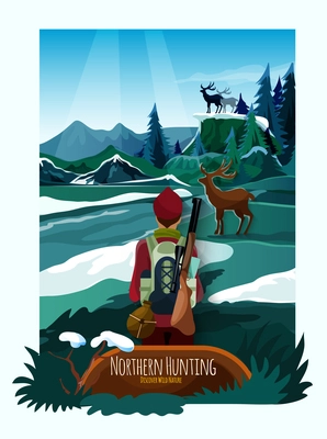 Alpine meadow landscape poster with hunter and deer on the rocks with icy mountains background vector illustration