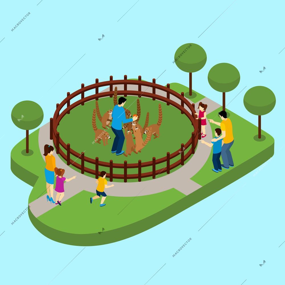 Contact zoo with people and lemurs on blue background isometric vector illustration