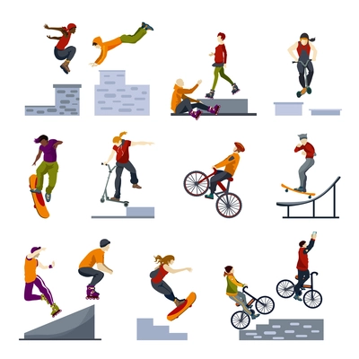 Extreme adventurous city sports flat icons collection with buildings jumping biking and skateboarding abstract isolated vector illustration.