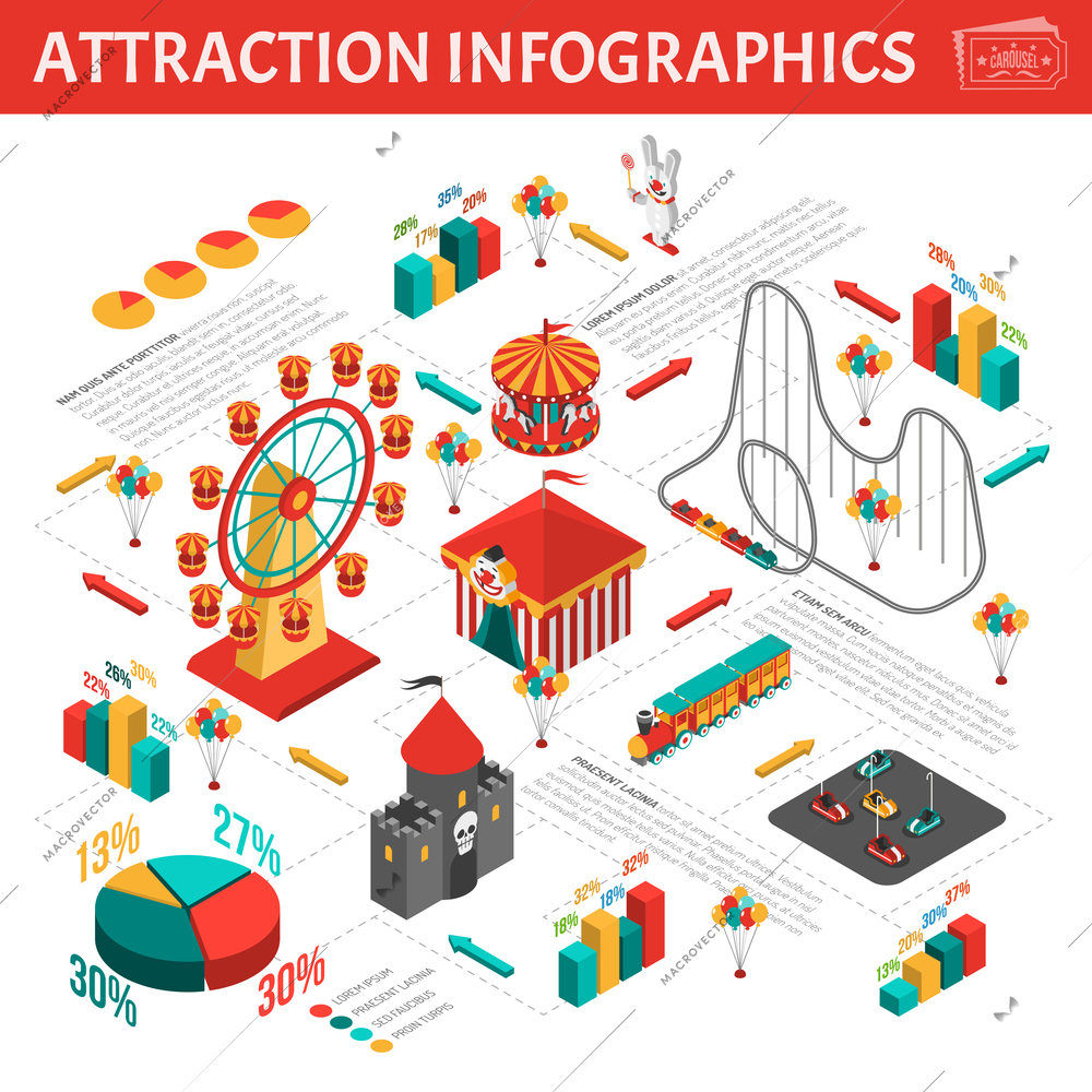 Amusement park attractions visitors statistic analysis infographic visual presentation with isometric pictograms  information and diagrams vector illustration