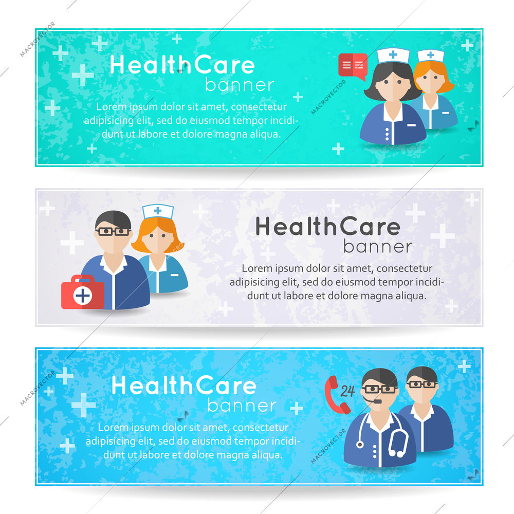 Collection of banners and ribbons with medicine doctors nurses and hospital staff design elements isolated vector illustration