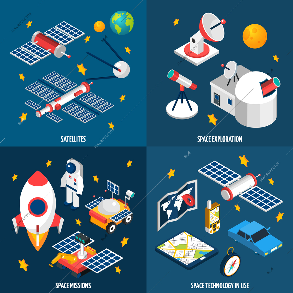 Isometric composition abot space exploration with different equipment with dark background vector illustration