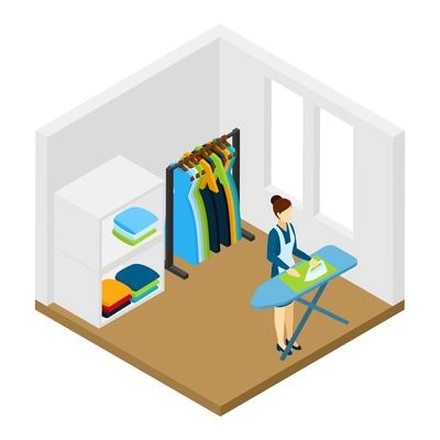 Household processional help for working women isometric pictogram with ironing and cleaning service at work abstract vector illustration