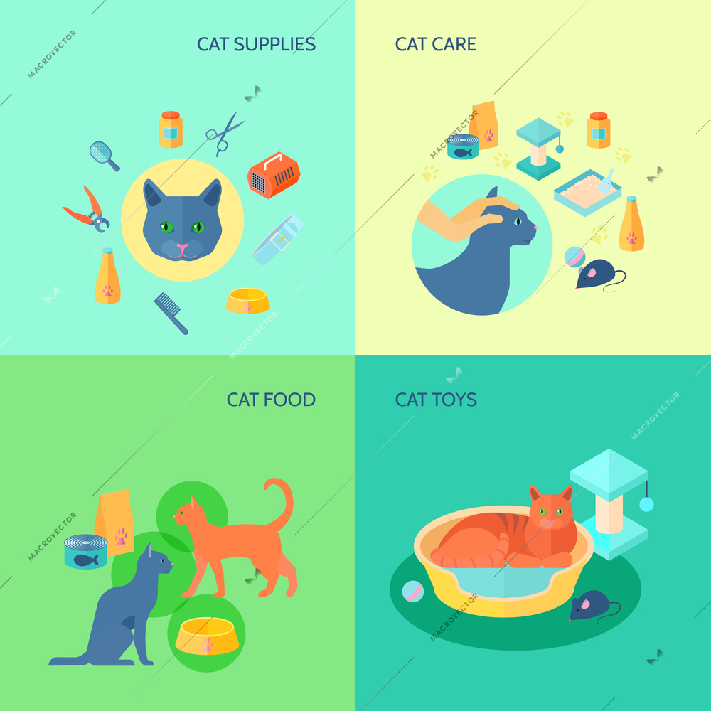 Cat care food and toys supplies 4 flat icons square composition pets banner abstract isolated vector illustration