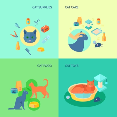 Cat care food and toys supplies 4 flat icons square composition pets banner abstract isolated vector illustration