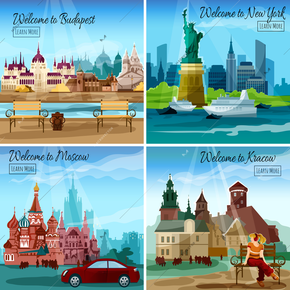 Famous cities design concept set with budapest new york and moscow landmarks isolated vector illustration