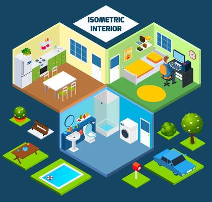 Isometric interior concept with indoor furniture and outdoor elements vector illustration