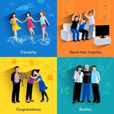 Friends buddies special events celebration and tv watching 4 flat icons square composition abstract isolated vector illustration
