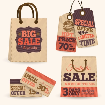 Collection of paper sale price tags with shopping bags design templates vector illustration