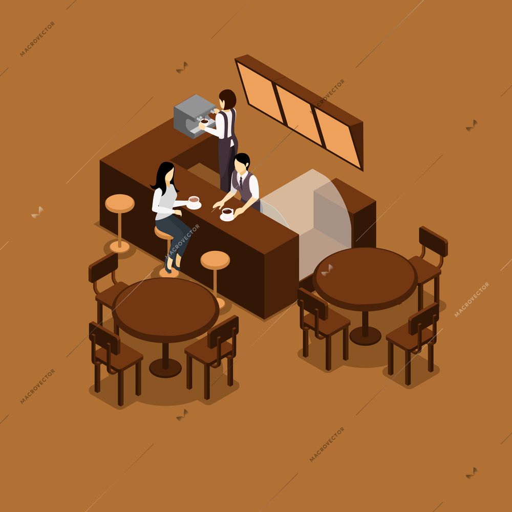 Waitress barista making coffee for people in a cafe isometric vector illustration