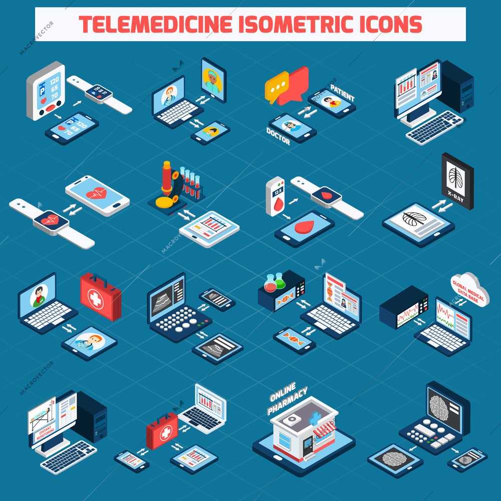 Telemedicine isometric icons set with 3d digital health devices isolated vector illustration