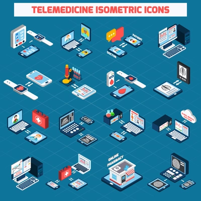 Telemedicine isometric icons set with 3d digital health devices isolated vector illustration