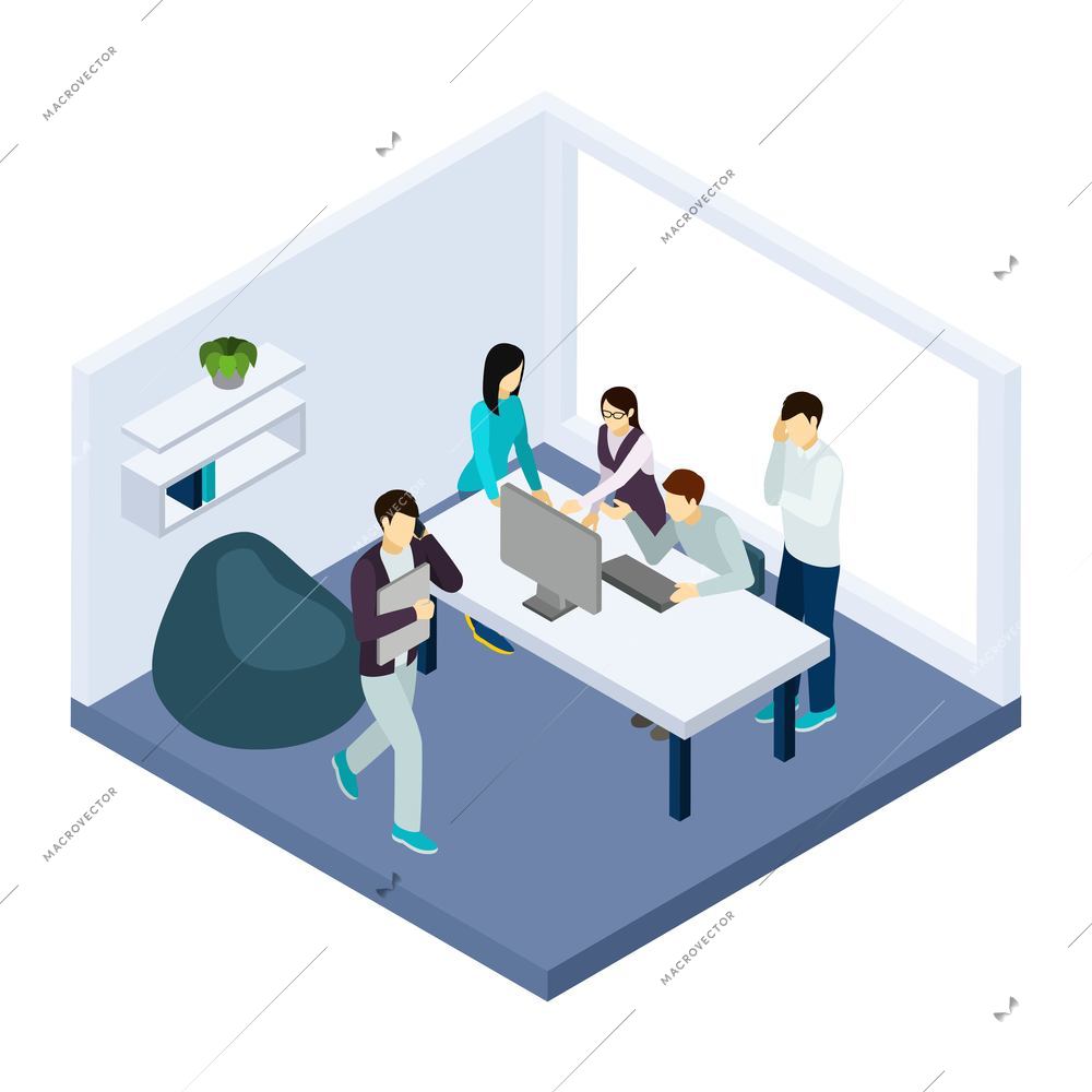 Coworking and teamwork with creative thinking help and brainstorming isometric vector illustration