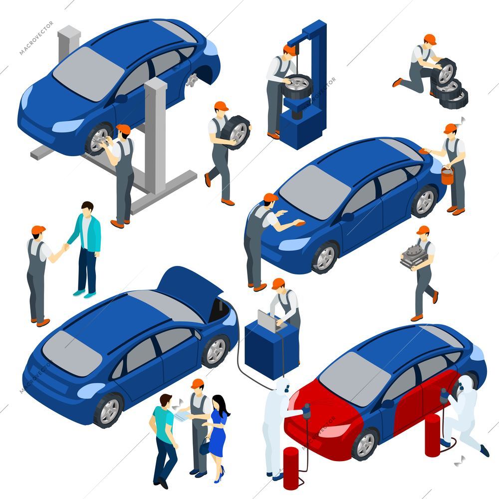 Auto service concept isometric set with spare parts and maintenance symbols isolated vector illustration