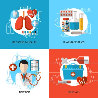 Health and medical care design concept set with first aid tools vector illustration