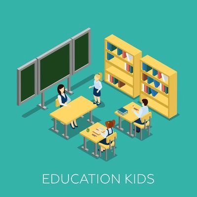 Education concept with kids and school on blue background isometric vector illustration